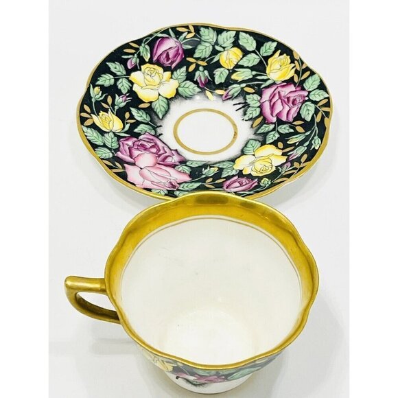 Vintage Rosina Pink & Yellow Roses Black & Gold Tea Cup & Saucer 4861 Bone China - Picture 7 of 9